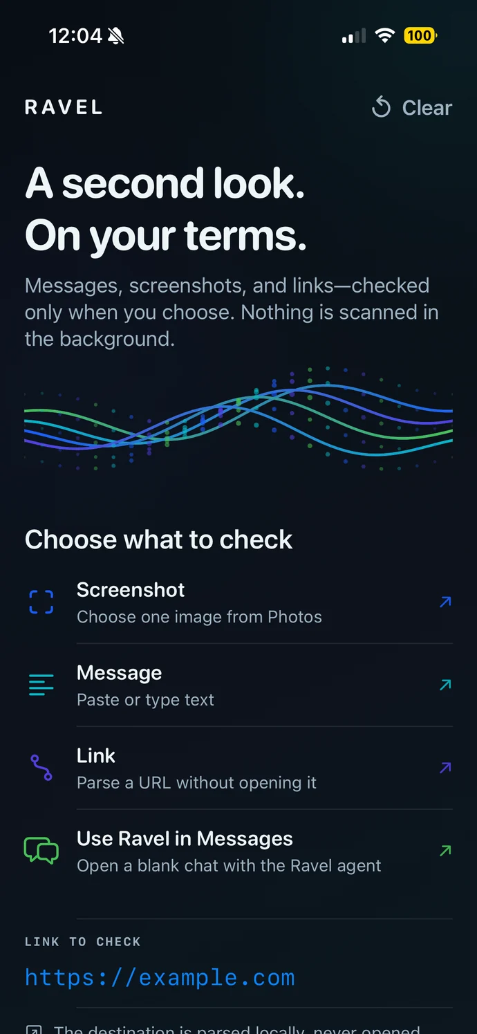 Ravel home screen in dark mode: Choose what to check, with Screenshot, Message, Link, and Use Ravel in Messages