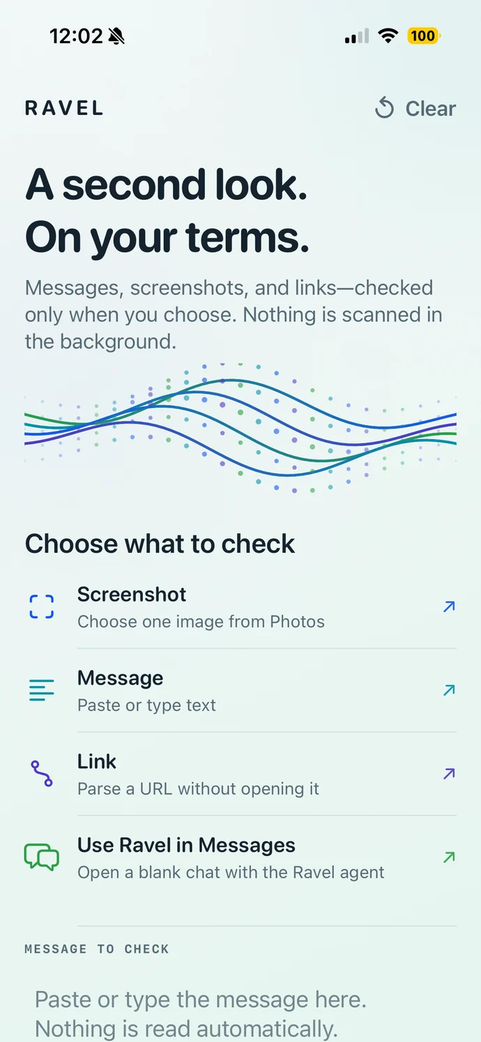 Ravel home screen in light mode with options to check a screenshot, message, or link