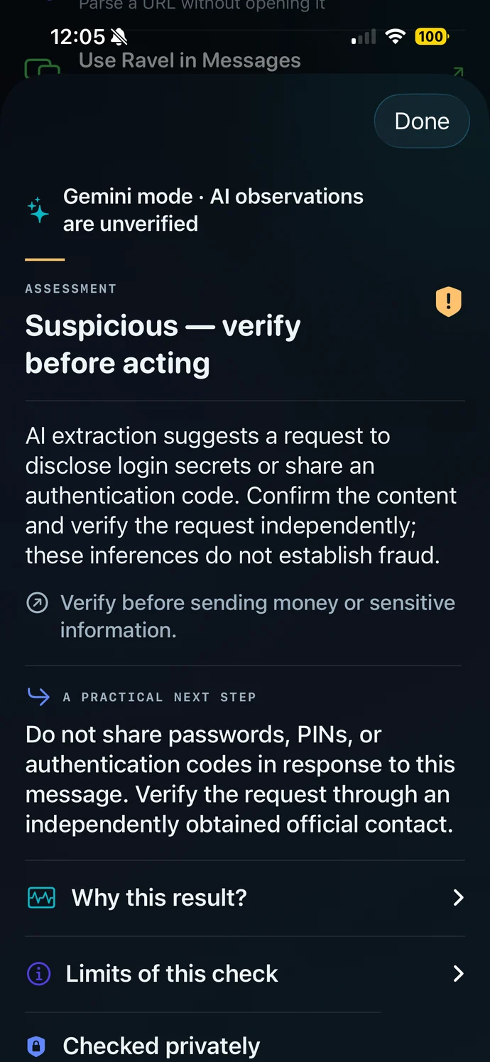 Ravel result in dark mode: suspicious, verify before acting, with a practical next step