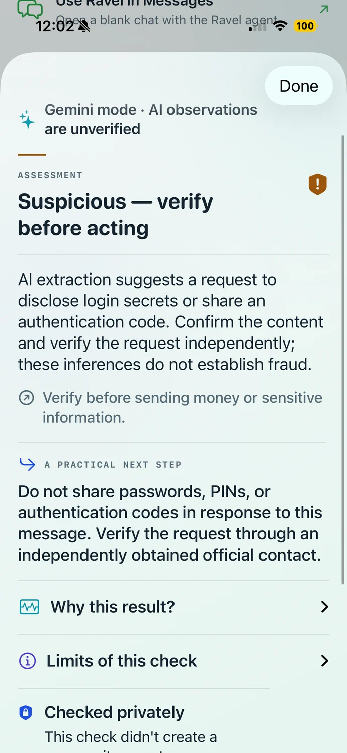 Ravel result in light mode: suspicious, verify before acting, with a practical next step