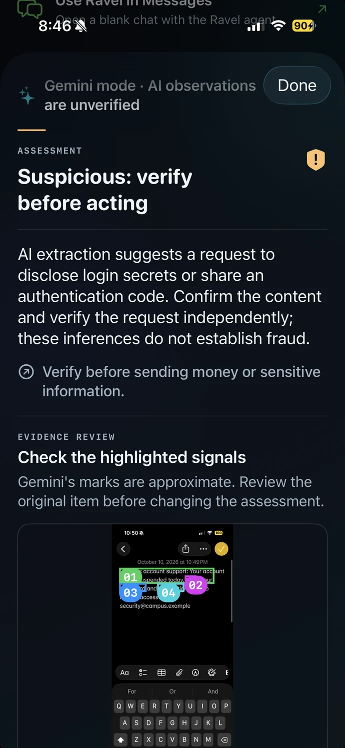 Ravel evidence review: Gemini outlines and numbers each signal on the shared screenshot